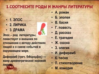 • 1. ЭПОС
• 2. ЛИРИКА
• 3. ДРАМА
• А. роман
• Б. эпопея
• В. басня
• Г. повесть
• Д. рассказ
• Е. трагедия
• Ж. сказка
• З. элегия
• И. дифирамб
• К. песня
• Л. стихотворение
• М. комедия
Эпос – род литературы,
повествует о внешних по
отношению к автору действиях
людей и о смене событий в
окружающем мире.
Дифира́мб (греч. διθύραμβος) —
жанр древнегреческой хоровой
лирики.
 