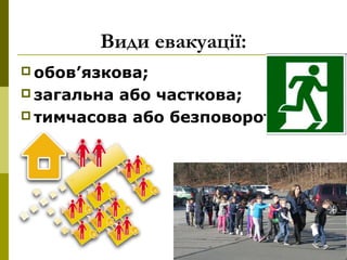 12
Види евакуації:
 обов’язкова;
 загальна або часткова;
 тимчасова або безповоротна.
 