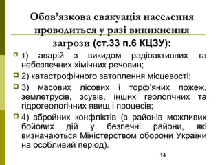 14
Обов’язкова евакуація населення
проводиться у разі виникнення
загрози (ст.33 п.6 КЦЗУ):
 1) аварій з викидом радіоактивних та
небезпечних хімічних речовин;
 2) катастрофічного затоплення місцевості;
 3) масових лісових і торф’яних пожеж,
землетрусів, зсувів, інших геологічних та
гідрогеологічних явищ і процесів;
 4) збройних конфліктів (з районів можливих
бойових дій у безпечні райони, які
визначаються Міністерством оборони України
на особливий період).
 
