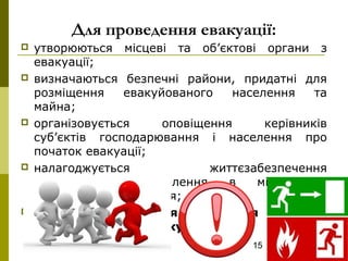 15
Для проведення евакуації:
 утворюються місцеві та об’єктові органи з
евакуації;
 визначаються безпечні райони, придатні для
розміщення евакуйованого населення та
майна;
 організовується оповіщення керівників
суб’єктів господарювання і населення про
початок евакуації;
 налагоджується життєзабезпечення
евакуйованого населення в місцях їх
безпечного розміщення;
 проходить навчання населення діям під
час проведення евакуації.
 