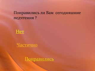 Понравились ли Вам сегодняшние
педчтения ?
Нет
Частично
Понравились
 