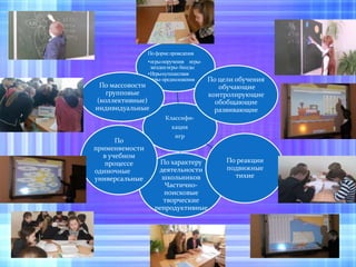 Классифи-
кация
игр
По форме проведения
•игры-поручения игры-
загадкиигры-беседы
•Игры-путешествия
игры-предположения По цели обучения
обучающие
контролирующие
обобщающие
развивающие
По характеру
деятельности
школьников
Частично-
поисковые
творческие
репродуктивные
По
применяемости
в учебном
процессе
одиночные
универсальные
По реакции
подвижные
тихие
По массовости
групповые
(коллективные)
индивидуальные
 