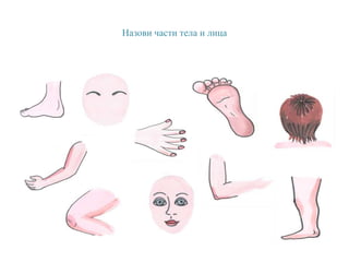 Назови части тела и лица
 