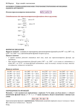 Ю.Марчук Курс лекцій з математики
ОСНОВНІ СПІВВІДНОШЕННЯ МІЖ ТРИГОНОМЕТРИЧНИМИ ФУНКЦІЯМИ
ОДНОГО АРГУМЕНТУ
Основна тригонометрична тотожність: sin2
α + cos2
α = 1
Співвідношення між тригонометричними функціями одного аргументу:
α
α
α
cos
sin
=tg , cos α ≠ 0
α
α
α
sin
cos
=ctg , sin α ≠ 0
1=⋅ αα ctgtg
α
α
tg
ctg
1
=
α
α
ctg
tg
1
=
α
α 2
2
cos
1
1 =+ tg
α
α 2
sin
1
1 =+ ctg
ФОРМУЛИ ЗВЕДЕННЯ
Формули зведення – це формули перетворення тригонометричних функцій кутів (90о
± α), (180о
± α),
(270о
± α), (360о
± α) у тригонометричні функції гострого кута α.
Правило зведення:
- У правій частині рівності ставиться той знак, який має тригонометрична функція, що
зводиться;
- При зведенні тригонометричних функцій кутів (180о
± α), (360о
± α) їх назви не змінюються, а
кутів (90о
± α), (270о
± α) назви функцій змінюються: синус на косинус, косинус на синус, тангенс
на котангенс, котангенс на тангенс.
Формули зведення
sin (90о
– α) = cos α
sin (90о
+ α) = cos α
cos (90о
– α) = sin α
cos (90о
+ α) = –sin α
tg (90о
– α) = ctg α
tg (90о
+ α) = –ctg α
ctg (90о
– α) = tg α
ctg (90о
+ α) = –tg α
sin (180о
– α) = sin α
sin (180о
+ α) = –sin α
cos (180о
– α) = –cos α
cos (180о
+ α) = –cos α
tg (180о
– α) = –tg α
tg (180о
+ α) = tg α
ctg (180о
– α) = –ctg α
ctg (180о
+ α) = ctg α
sin (270о
– α) = –cos α
sin (270о
+ α) = –cos α
cos (270о
– α) = –sin α
cos (270о
+ α) = sin α
tg (270о
– α) = ctg α
tg (270о
+ α) = –ctg α
ctg (270о
– α) = tg α
ctg (270о
+ α) = –tg α
sin (360о
– α) = –sin α
sin (360о
+ α) = sin α
cos (360о
– α) = cos α
cos (360о
+ α) = cos α
tg (360о
– α) = –tg α
tg (360о
+ α) = tg α
ctg (360о
– α) = –ctg α
ctg (360о
+ α) = ctg α
ПЕРІОДИЧНІСТЬ ФУНКЦІЙ
Функція y = f(x) називається періодичною з періодом Т ≠ 0, якщо для будь-якого х з області
визначення функції числа х + Т і х – Т також належать області визначення і виконується
умова
f (x) = f(x – T) = f(x + T)
Тригонометричні функції є періодичними. Найменшим додатним періодом синуса і косинуса є число
2π, а тангенса і котангенса – число π.
Отже,
 