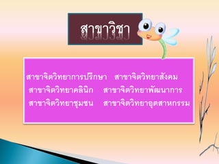 สาขาจิตวิทยาการปรึกษา สาขาจิตวิทยาสังคม
สาขาจิตวิทยาคลินิก สาขาจิตวิทยาพัฒนาการ
สาขาจิตวิทยาชุมชน สาขาจิตวิทยาอุตสาหกรรม
สาขาวิชา
 