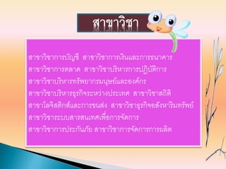 สาขาวิชาการบัญชี สาขาวิชาการเงินและการธนาคาร
สาขาวิชาการตลาด สาขาวิชาบริหารการปฏิบัติการ
สาขาวิชาบริหารทรัพยากรมนุษย์และองค์กร
สาขาวิชาบริหารธุรกิจระหว่างประเทศ สาขาวิชาสถิติ
สาขาโลจิสติกส์และการขนส่ง สาขาวิชาธุรกิจอสังหาริมทรัพย์
สาขาวิชาระบบสารสนเทศเพื่อการจัดการ
สาขาวิชาการประกันภัย สาขาวิชาการจัดการการผลิต
สาขาวิชา
 