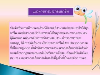 แนวทางการประกอบอาชีพ
บัณฑิตที่จบการศึกษาทางด้านนิติศาสตร์ สามารถประกอบอาชีพได้ทุก
อาชีพ และยังสามารถเข้ารับราชการได้ในทุกกระทรวง ทบวง กรม เช่น
ผู้พิพากษา พนักงานอัยการ พนักงานสอบสวน ตารวจ ทหารพระ
ธรรมนูญ นิติกร ปลัดอาเภอ หรือประกอบอาชีพอิสระ เช่น ทนายความ
ที่ปรึกษากฎหมาย ตั้งสานักงานทนายความ สามารถศึกษาต่อในสานัก
อบรมศึกษากฎหมายแพ่ง เนติบัณฑิตสภาเพื่อสอบเป็นเนติบัณฑิตไทย
(น.บ.ท.) และสามารถศึกษาต่อในระดับที่สูงขึ้นทั้งในและต่างประเทศ
 