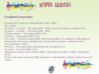 Симфонії-увертюри:
Ре мажор (№ 1), вступ до «Верховинців» (1848—1850);
Соль мажор;
До мажор — ля мінор — До мажор (1848—1850, копія під заголовком «Симфонія II»);
Ля мінор — мі мінор — Ля мажор (1848—1850);
Сі-бемоль мажор — Соль мажор (1863, № 4);
Мі мінор — Соль мажор (1865, № 5);
Соль мінор — Mi-бемоль мажор (1865, копія під заголовком «VI симфонія» опубліковано за
редакцією Д. Січинського у видавництві «Станіславського Бояна» - дивитись «Боян
Станіславський», 1905);
Фа мінор — Фа мажор (1865, в автографі назв «Симфонія VI»);
Ля мінор — Ля мажор (1865, № 7);
Увертюри до оперет «Не до любові» (1866), «Чорноморський побит» (1867), «Простачка»
(1870);
Полонези Мі мажор, До мажор (1849, антракт до «Верховинців»), варіації, марші, вальси для
гітари.
 
