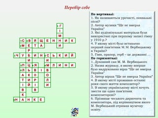 Перевір себе
По вертикалі:
1. Як називаються урочисті, похвальні
пісні?
2. Автор музики “Ще не вмерла
Україна”
3. Які аудіовізуальні матеріали були
використані при першому записі гімну
у 1910 р.?
4. У якому місті було вставлено
перший пам’ятник М. М. Вербицькому
в Україні?
5. Гімн, прапор, герб – це державні …
По горизонталі:
1. Духовний сан М. М. Вербицького
2. Назва журналу, в якому вперше
було надруковано вірш “Ще не вмерла
Україна”
3. Автор вірша “Ще не вмерла Україна”
4. В якому місті проживав останні
роки свого життя композитор?
5. В якому українському місті хочуть
звести ще один пам’ятник
композиторові?
6. Прізвище чеського диригента та
композитора, під керівництвом якого
М. Вербицький отримав музичну
освіту.
 
