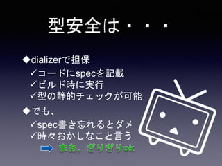 型安全は・・・
dializerで担保
コードにspecを記載
ビルド時に実行
型の静的チェックが可能
でも、
spec書き忘れるとダメ
時々おかしなこと言う
 