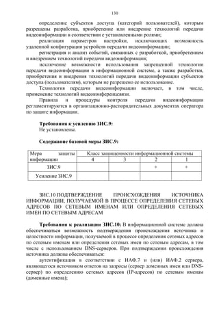 130
определение субъектов доступа (категорий пользователей), которым
разрешены разработка, приобретение или внедрение технологий передачи
видеоинформации в соответствии с установленными ролями;
реализация параметров настройки, исключающих возможность
удаленной конфигурации устройств передачи видеоинформации;
регистрация и анализ событий, связанных с разработкой, приобретением
и внедрением технологий передачи видеоинформации;
исключение возможности использования запрещенной технологии
передачи видеоинформации в информационной системе, а также разработки,
приобретения и внедрения технологий передачи видеоинформации субъектов
доступа (пользователям), которым не разрешено ее использование.
Технология передачи видеоинформации включает, в том числе,
применение технологий видеоконференцсвязи.
Правила и процедуры контроля передачи видеоинформации
регламентируются в организационно-распорядительных документах оператора
по защите информации.
Требования к усилению ЗИС.9:
Не установлены.
Содержание базовой меры ЗИС.9:
Мера защиты
информации
Класс защищенности информационной системы
4 3 2 1
ЗИС.9 + +
Усиление ЗИС.9
ЗИС.10 ПОДТВЕРЖДЕНИЕ ПРОИСХОЖДЕНИЯ ИСТОЧНИКА
ИНФОРМАЦИИ, ПОЛУЧАЕМОЙ В ПРОЦЕССЕ ОПРЕДЕЛЕНИЯ СЕТЕВЫХ
АДРЕСОВ ПО СЕТЕВЫМ ИМЕНАМ ИЛИ ОПРЕДЕЛЕНИЯ СЕТЕВЫХ
ИМЕН ПО СЕТЕВЫМ АДРЕСАМ
Требования к реализации ЗИС.10: В информационной системе должна
обеспечиваться возможность подтверждения происхождения источника и
целостности информации, получаемой в процессе определения сетевых адресов
по сетевым именам или определения сетевых имен по сетевым адресам, в том
числе с использованием DNS-серверов. При подтверждении происхождения
источника должны обеспечиваться:
аутентификация в соответствии с ИАФ.7 и (или) ИАФ.2 сервера,
являющегося источником ответов на запросы (сервер доменных имен или DNS-
сервер) по определению сетевых адресов (IP-адресов) по сетевым именам
(доменные имена);
 