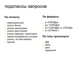 подклассы запросов
По интенту:
§  навигационные
§  купить билет
§  узнать расписание
§  узнать расстояние
§  узнать маршрут транспорта
§  зарегистрироваться на рейс
§  узнать, на чём доехать
§  прочее
По формату:
§  в <ГОРОДе>
§  до <ГОРОДа>
§  из <ГОРОДА> в <ГОРОД>
§  в <СТРАНУ>
По типу транспорта:
§  ЖД
§  авиа
§  авто
§  городской
 