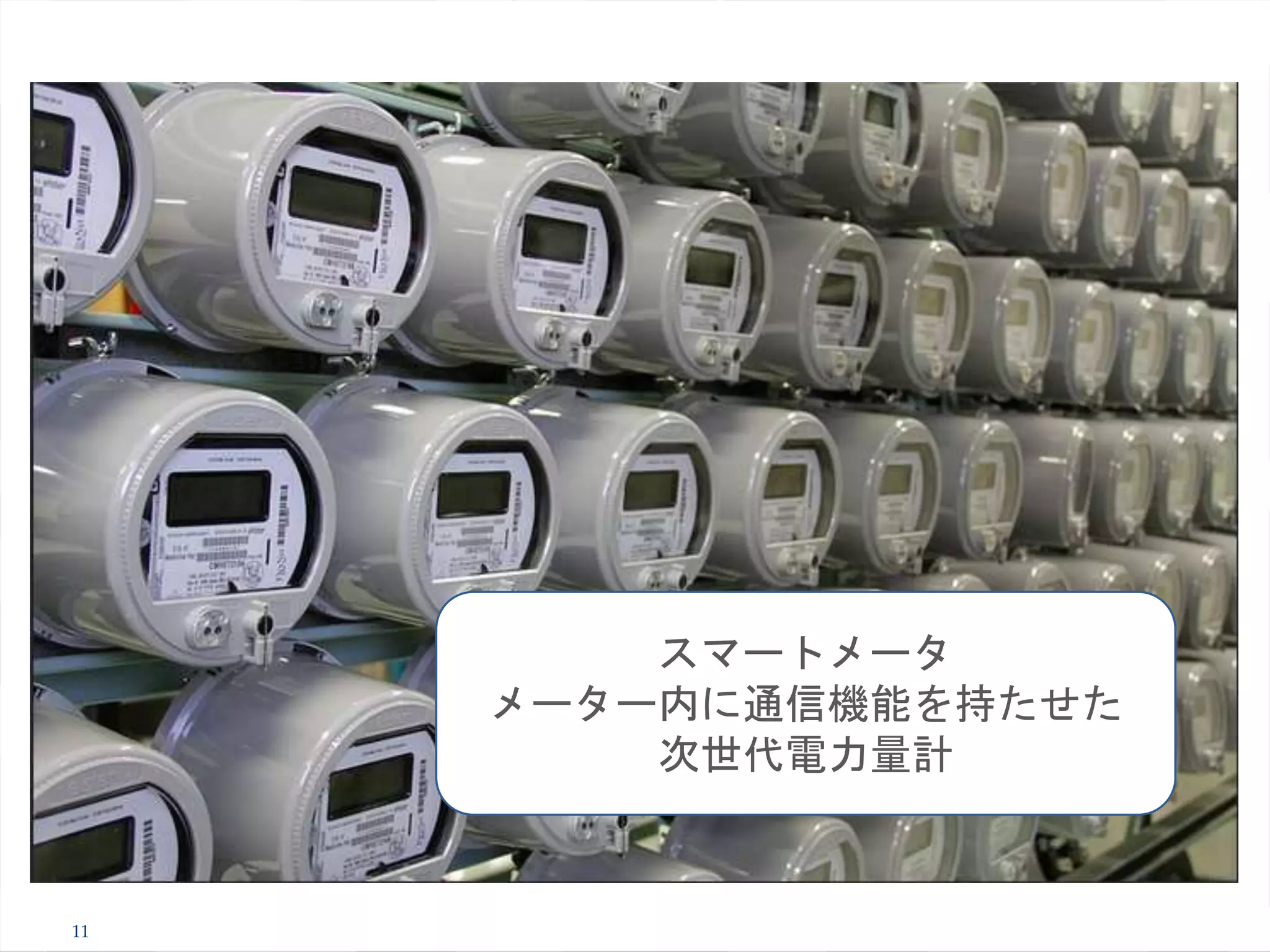 11
スマートメータ
メーター内に通信機能を持たせた
次世代電力量計
 