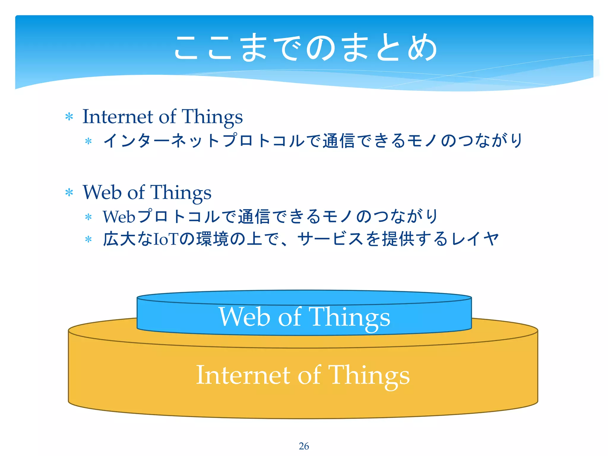  Internet of Things
 インターネットプロトコルで通信できるモノのつながり
 Web of Things
 Webプロトコルで通信できるモノのつながり
 広大なIoTの環境の上で、サービスを提供するレイヤ
26
ここまでのまとめ
Internet of Things
Web of Things
 