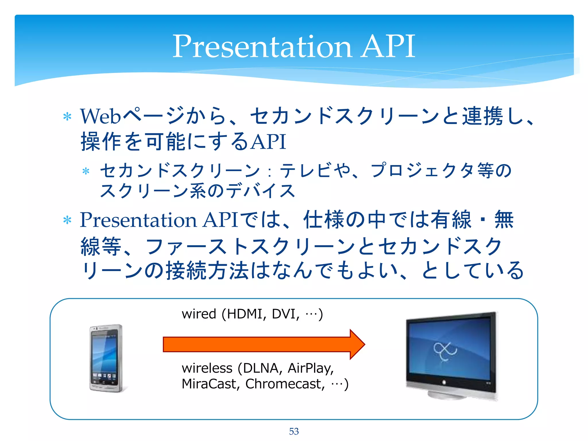  Webページから、セカンドスクリーンと連携し、
操作を可能にするAPI
 セカンドスクリーン：テレビや、プロジェクタ等の
スクリーン系のデバイス
 Presentation APIでは、仕様の中では有線・無
線等、ファーストスクリーンとセカンドスク
リーンの接続方法はなんでもよい、としている
53
Presentation API
wired (HDMI, DVI, …)
wireless (DLNA, AirPlay,
MiraCast, Chromecast, …)
 