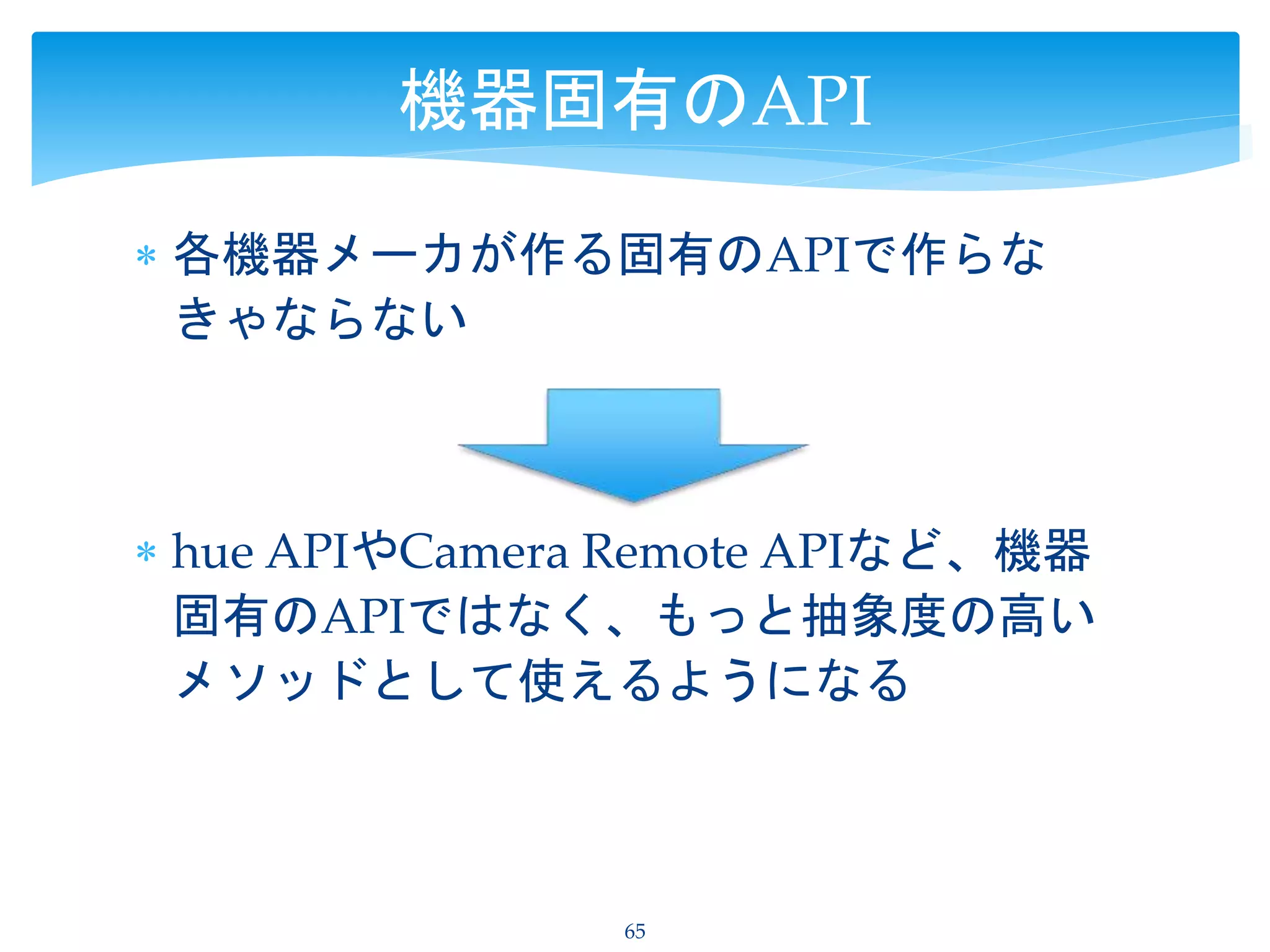  各機器メーカが作る固有のAPIで作らな
きゃならない
 hue APIやCamera Remote APIなど、機器
固有のAPIではなく、もっと抽象度の高い
メソッドとして使えるようになる
65
機器固有のAPI
 