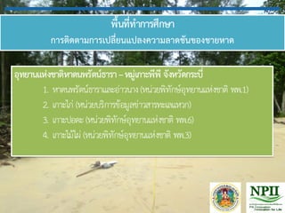 พื้นที่ทาการศึกษา
การติดตามการเปลี่ยนแปลงความลาดชันของชายหาด
อุทยานแห่งชาติหาดนพรัตน์ธารา–หมู่เกาะพีพี จังหวัดกระบี่
1. หาดนพรัตน์ธาราและอ่าวนาง(หน่วยพิทักษ์อุทยานแห่งชาติ พพ.1)
2. เกาะไก่ (หน่วยบริการข้อมูลข่าวสารทะเลแหวก)
3. เกาะปอดะ(หน่วยพิทักษ์อุทยานแห่งชาติ พพ.6)
4. เกาะไม้ไผ่ (หน่วยพิทักษ์อุทยานแห่งชาติ พพ.3)
 