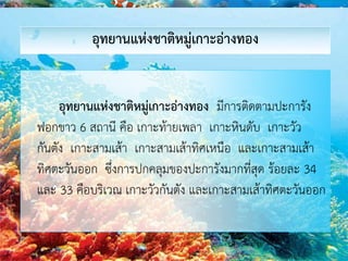 อุทยานแห่งชาติหมู่เกาะอ่างทอง มีการติดตามปะการัง
ฟอกขาว 6 สถานี คือ เกาะท้ายเพลา เกาะหินดับ เกาะวัว
กันตัง เกาะสามเส้า เกาะสามเส้าทิศเหนือ และเกาะสามเส้า
ทิศตะวันออก ซึ่งการปกคลุมของปะการังมากที่สุด ร้อยละ 34
และ 33 คือบริเวณ เกาะวัวกันตัง และเกาะสามเส้าทิศตะวันออก
อุทยานแห่งชาติหมู่เกาะอ่างทอง
 