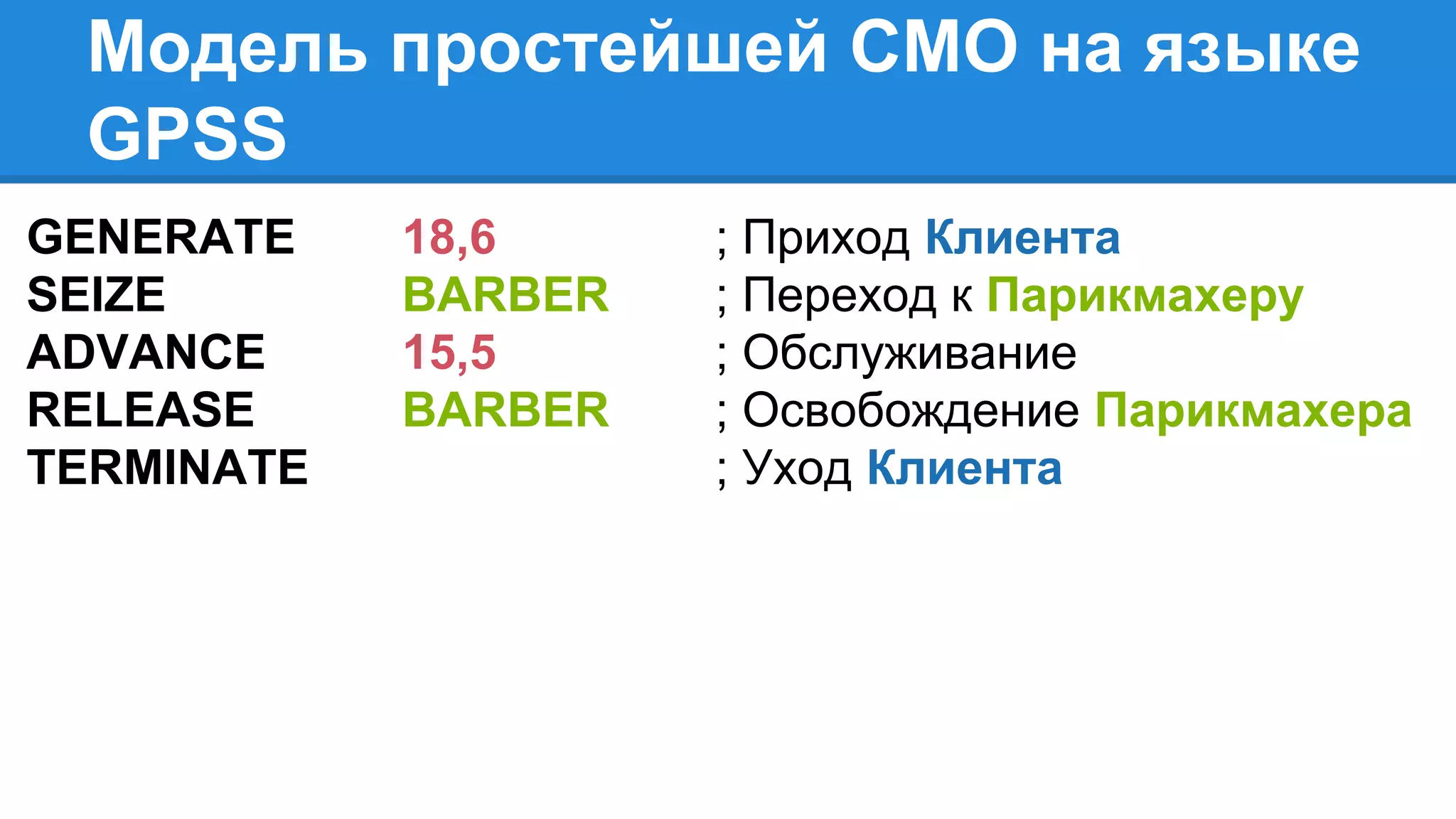 GENERATE
SEIZE
ADVANCE
RELEASE
TERMINATE
18,6
BARBER
15,5
BARBER
; Приход Клиента
; Переход к Парикмахеру
; Обслуживание
; Освобождение Парикмахера
; Уход Клиента
Модель простейшей СМО на языке
GPSS
 