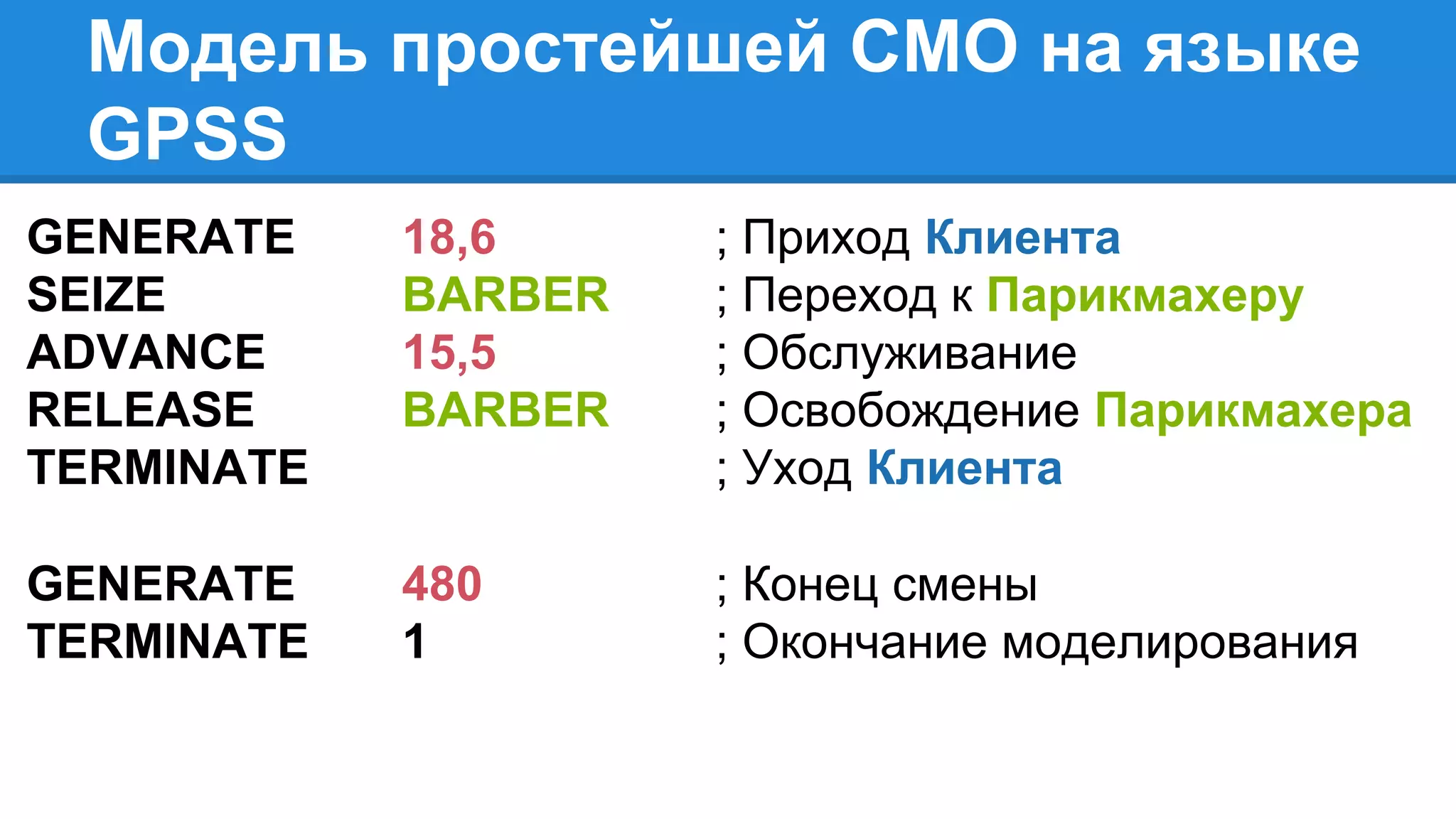 GENERATE
SEIZE
ADVANCE
RELEASE
TERMINATE
18,6
BARBER
15,5
BARBER
; Приход Клиента
; Переход к Парикмахеру
; Обслуживание
; Освобождение Парикмахера
; Уход Клиента
Модель простейшей СМО на языке
GPSS
GENERATE
TERMINATE
480
1
; Конец смены
; Окончание моделирования
 