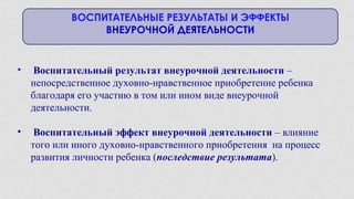 • Воспитательный результат внеурочной деятельности –
непосредственное духовно-нравственное приобретение ребенка
благодаря его участию в том или ином виде внеурочной
деятельности.
• Воспитательный эффект внеурочной деятельности – влияние
того или иного духовно-нравственного приобретения на процесс
развития личности ребенка (последствие результата).
ВОСПИТАТЕЛЬНЫЕ РЕЗУЛЬТАТЫ И ЭФФЕКТЫ
ВНЕУРОЧНОЙ ДЕЯТЕЛЬНОСТИ
 