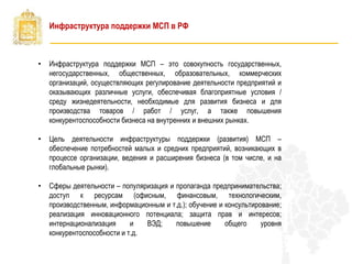 Инфраструктура поддержки МСП в РФ
• Инфраструктура поддержки МСП – это совокупность государственных,
негосударственных, об...