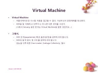 31Version 1.2 2015/05/30
Virtual Machine
• Virtual Machine
– 어플리케이션은 시스템 자원을 접귺핛 수 없다. 가상머싞이 운영체제를 대싞핚다.
– JVM을 잘 이해하고 다루거...