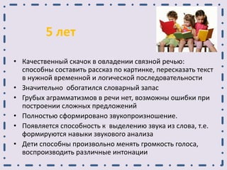 5 лет
• Качественный скачок в овладении связной речью:
способны составить рассказ по картинке, пересказать текст
в нужной временной и логической последовательности
• Значительно обогатился словарный запас
• Грубых аграмматизмов в речи нет, возможны ошибки при
построении сложных предложений
• Полностью сформировано звукопроизношение.
• Появляется способность к выделению звука из слова, т.е.
формируются навыки звукового анализа
• Дети способны произвольно менять громкость голоса,
воспроизводить различные интонации
 