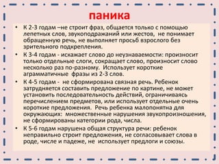 паника
• К 2-3 годам –не строит фраз, общается только с помощью
лепетных слов, звукоподражаний или жестов, не понимает
обращенную речь, не выполняет просьб взрослого без
зрительного подкрепления.
• К 3-4 годам - искажает слово до неузнаваемости: произносит
только отдельные слоги, сокращает слово, произносит слово
несколько раз по-разному. Использует короткие
аграмматичные фразы из 2-3 слов.
• К 4-5 годам - не сформирована связная речь. Ребенок
затрудняется составить предложение по картине, не может
установить последовательность действий, ограничиваясь
перечислением предметов, или использует отдельные очень
короткие предложения. Речь ребенка малопонятна для
окружающих: множественные нарушения звукопроизношения,
не сформированы категории рода, числа.
• К 5-6 годам нарушена общая структура речи: ребенок
неправильно строит предложения, не согласовывает слова в
роде, числе и падеже, не использует предлоги и союзы.
 