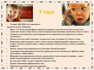 3 года
• Словарь 800-1500 слов: появляются
прилагательные, обобщения
• Фраза 3-4 : В построении фразы нарушается порядок слов, иногда искажается род имен
существительных («один колес»), даются неправильные падежные окончания («много утков»)
• Длинные и малознакомые слова сокращаются или произносятся неправильно («сипед»-
«велосипед»)
• Ребенок не всегда может повторить за взрослым слово, состоящее из 3 и более слогов
• Встречаются перестановки в словах слогов, звуков («певрый-первый»), пропуски слогов
(«моко - молоко»), звуков («ошка - ложка»), введение дополнительных гласных («корабель -
корабль»)
• Многие твердые звуки произносятся смягченно («босей-большой»)
• Свистящие звуки произносятся нечетко, пропускаются или заменяются («фобака-собака,
тапля-цапля, вайка-зайка»)
• Шипящие звуки произносятся нечетко, пропускаются или заменяются («фапка, санка –
шапка, ваиски-варежки, отьки-очки, синок-щенок»)
• По многу раз любят слушать знакомые сказки и стихи
• Хорошо запоминают рифмованный текст
• Понимают несложные сюжетные картинки
 