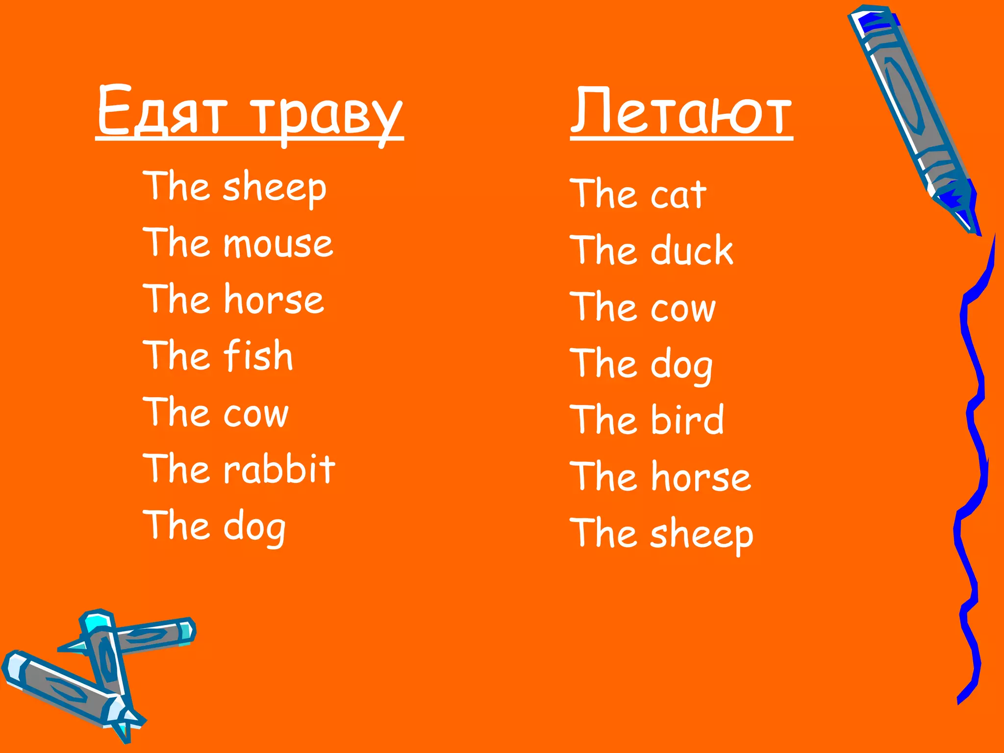 Едят траву Летают
The sheep
The mouse
The horse
The fish
The cow
The rabbit
The dog
The cat
The duck
The cow
The dog
The bird
The horse
The sheep
 