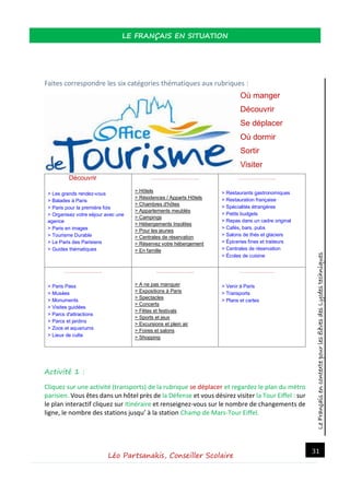 LeFrançaisencontextepourlesélèvesdesLycéestechniques
LE FRANÇAIS EN SITUATION
Léo Partsanakis, Conseiller Scolaire
31
Faites correspondre les six catégories thématiques aux rubriques :
Où manger
Découvrir
Se déplacer
Où dormir
Sortir
Visiter
Découvrir
 > Les grands rendez-vous
 > Balades à Paris
 > Paris pour la première fois
 > Organisez votre séjour avec une
agence
 > Paris en images
 > Tourisme Durable
 > Le Paris des Parisiens
 > Guides thématiques
………………………..
> Hôtels
> Résidences / Apparts Hôtels
> Chambres d'hôtes
> Appartements meublés
> Campings
> Hébergements Insolites
> Pour les jeunes
> Centrales de réservation
> Réservez votre hébergement
> En famille
…………………..
 > Restaurants gastronomiques
 > Restauration française
 > Spécialités étrangères
 > Petits budgets
 > Repas dans un cadre original
 > Cafés, bars, pubs
 > Salons de thés et glaciers
 > Épiceries fines et traiteurs
 > Centrales de réservation
 > Écoles de cuisine
…………………..
 > Paris Pass
 > Musées
 > Monuments
 > Visites guidées
 > Parcs d'attractions
 > Parcs et jardins
 > Zoos et aquariums
 > Lieux de culte
…………………..
> A ne pas manquer
> Expositions à Paris
> Spectacles
> Concerts
> Fêtes et festivals
> Sports et jeux
> Excursions et plein air
> Foires et salons
> Shopping
…………………
 > Venir à Paris
 > Transports
 > Plans et cartes
Activité 1 :
Cliquez sur une activité (transports) de la rubrique se déplacer et regardez le plan du métro
parisien. Vous êtes dans un hôtel près de la Défense et vous désirez visiter la Tour Eiffel : sur
le plan interactif cliquez sur Itinéraire et renseignez-vous sur le nombre de changements de
ligne, le nombre des stations jusqu’ à la station Champ de Mars-Tour Eiffel.
 