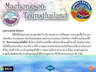 อุทยานแห่งชาติแม่เงา
มีพื้นที่ทั้งหมดประมาณ 257,650 ไร่ หรือ 412.24 ตารางกิโลเมตร ครอบคลุมพื้นที่ อาเภอ
แม่สะเรียง อาเภอสบเมย จังหวัดแม่ฮ่องสอน และอาเภอท่าสองยาง จังหวัดตาก สิ่งที่น่าสนใจของที่นี่
คือ "กิจกรรมล่องแพไม้ไผ่" ซึ่งนับว่าเป็นกิจกรรมที่มีมาแล้วหลายปีบนแม่น้าสายนี้ ปัจจุบันการล่อง
แพไม้ไผ่แบ่งออกเป็น 3 ช่วง คือ จากที่ทาการอุทยานแห่งชาติแม่เงาลงไปถึงสบเงาใช้เวลาประมาณ 2
ชั่วโมง ช่วงที่ 2 คือ จากบ้านแม่หลุยถึงที่ทาการอุทยานใช้เวลาประมาณ 6 ชั่วโมง ส่วนช่วงสุดท้าย
น่าสนใจเป็นพิเศษ คือ จากบ้านนาดอยถึงที่ทาการอุทยานฯ ซึ่งใช้เวลาประมาณ 2 วัน 1 คืน
 