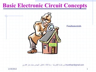 2/19/2012
‫إلكترونية‬ ‫هندسة‬ ‫أسس‬-‫ثالثة‬ ‫سنة‬-‫القادري‬ ‫منذر‬ ‫محمد‬ ‫المهندس‬ ‫الدكتور‬ munthear@gmail.com
1
Basic Electronic Circuit Concepts
circuits
Fundamentals
 