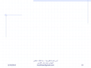 2/19/2012
‫إلكترونية‬ ‫هندسة‬ ‫أسس‬-‫ثالثة‬ ‫سنة‬-‫الدكتور‬
‫القادري‬ ‫منذر‬ ‫محمد‬ ‫المهندس‬
munthear@gmail.com 13
 