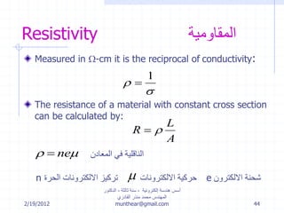 2/19/2012
‫إلكترونية‬ ‫هندسة‬ ‫أسس‬-‫ثالثة‬ ‫سنة‬-‫الدكتور‬
‫القادري‬ ‫منذر‬ ‫محمد‬ ‫المهندس‬
munthear@gmail.com 44
Resistivity ‫المقاومية‬
Measured in -cm it is the reciprocal of conductivity:
The resistance of a material with constant cross section
can be calculated by:


1

A
L
R 
 ne ‫المعادن‬ ‫في‬ ‫الناقلية‬
 ‫االلكترونات‬ ‫حركية‬n ‫الحرة‬ ‫االلكترونات‬ ‫تركيز‬ e ‫االلكترون‬ ‫شحنة‬
 
