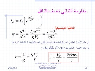 2/19/2012
‫إلكترونية‬ ‫هندسة‬ ‫أسس‬-‫ثالثة‬ ‫سنة‬-‫الدكتور‬
‫القادري‬ ‫منذر‬ ‫محمد‬ ‫المهندس‬
munthear@gmail.com 59
‫الناقل‬ ‫نصف‬ ‫الثنائي‬ ‫مقاومة‬








 1nkT
qV
OD
D
eII
T
o
T
v
v
o
V
II
V
eI
dv
dI
g
T




‫الديناميكية‬ ‫الناقلية‬
‫الديناميك‬ ‫المقاومة‬ ‫تكون‬ ‫وبالتالي‬ ‫جدا‬ ‫صغيرة‬ ‫الناقلية‬ ‫تكون‬ ‫العكسي‬ ‫اإلنحياز‬ ‫حالة‬ ‫في‬‫جدا‬ ‫كبيرة‬ ‫ية‬
‫يكون‬ ‫األمامي‬ ‫اإلنحياز‬ ‫حالة‬ ‫في‬Io<<I‫يكون‬ ‫وبالتالي‬:
I
V
g
r T

1
I
mv
I
V
r T 26

 