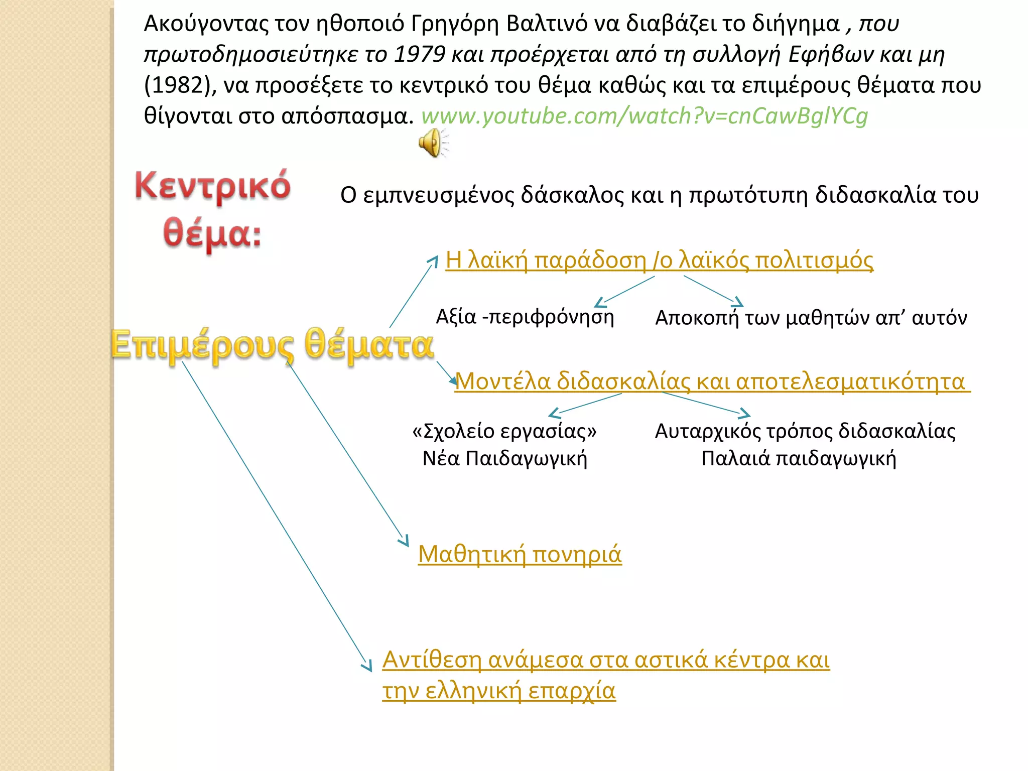 Ακούγοντας τον ηθοποιό Γρηγόρη Βαλτινό να διαβάζει το διήγημα , που
πρωτοδημοσιεύτηκε το 1979 και προέρχεται από τη συλλογή Εφήβων και μη
(1982), να προσέξετε το κεντρικό του θέμα καθώς και τα επιμέρους θέματα που
θίγονται στο απόσπασμα. www.youtube.com/watch?v=cnCawBglYCg
Ο εμπνευσμένος δάσκαλος και η πρωτότυπη διδασκαλία του
Η λαϊκή παράδοση /ο λαϊκός πολιτισμός
Αξία -περιφρόνηση Αποκοπή των μαθητών απ’ αυτόν
Μοντέλα διδασκαλίας και αποτελεσματικότητα
«Σχολείο εργασίας»
Νέα Παιδαγωγική
Αυταρχικός τρόπος διδασκαλίας
Παλαιά παιδαγωγική
Μαθητική πονηριά
Αντίθεση ανάμεσα στα αστικά κέντρα και
την ελληνική επαρχία
 