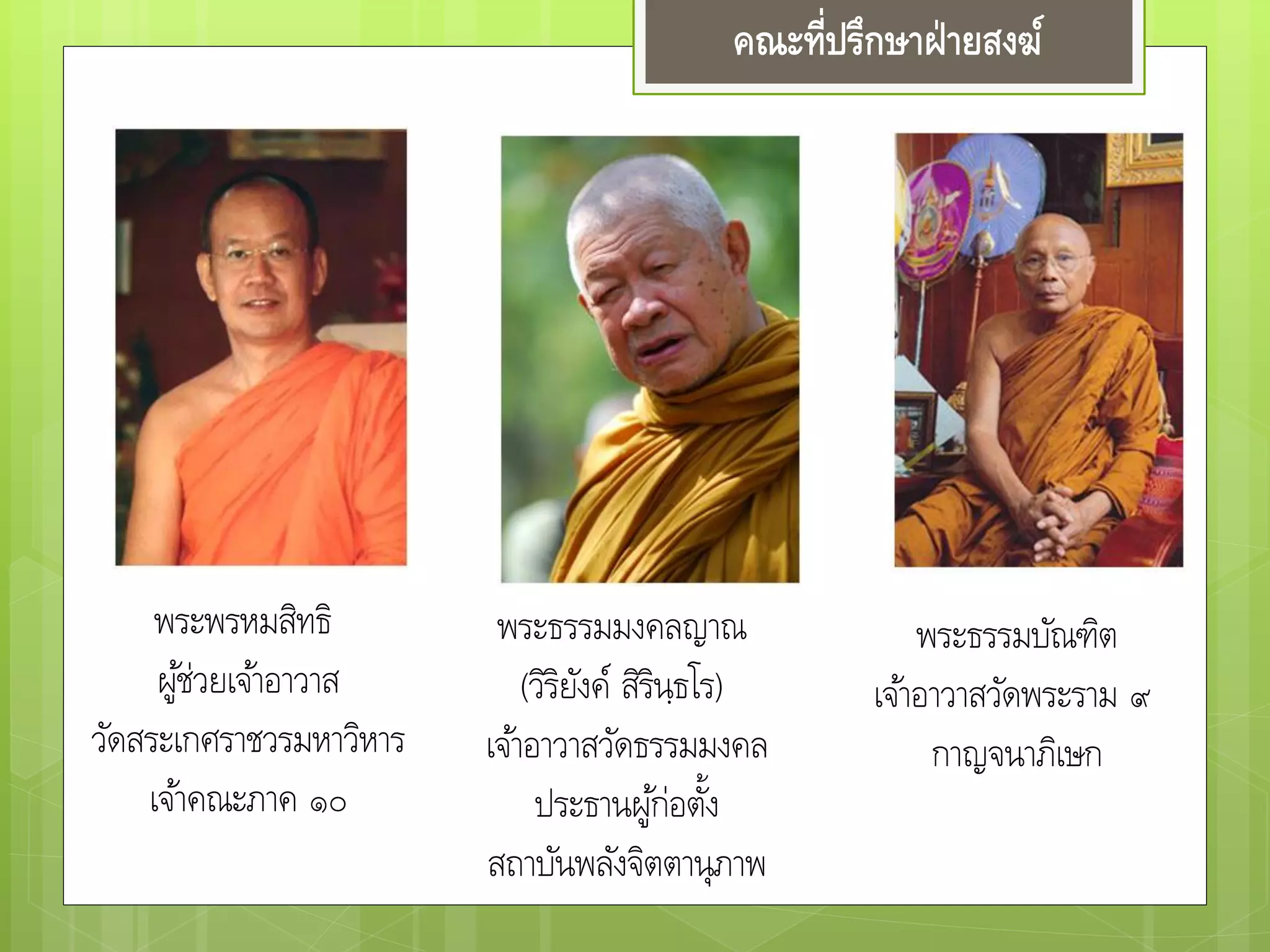 คณะที่ปรึกษาฝ่ายสงฆ์
พระพรหมสิทธิ
ผู้ช่วยเจ้าอาวาส
วัดสระเกศราชวรมหาวิหาร
เจ้าคณะภาค ๑๐
พระธรรมมงคลญาณ
(วิริยังค์ สิรินฺธโร)
เจ้าอาวาสวัดธรรมมงคล
ประธานผู้ก่อตั้ง
สถาบันพลังจิตตานุภาพ
พระธรรมบัณฑิต
เจ้าอาวาสวัดพระราม ๙
กาญจนาภิเษก
 