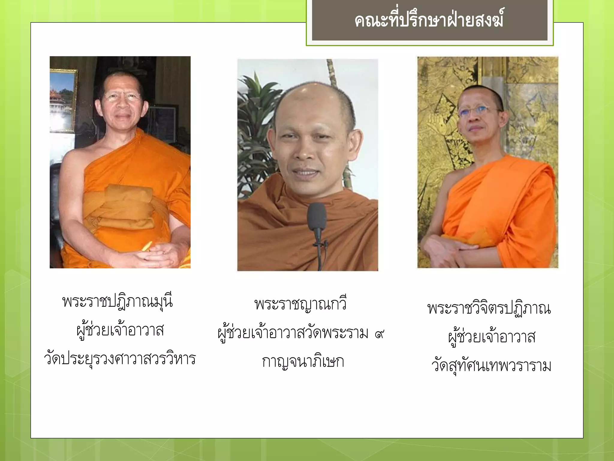 คณะที่ปรึกษาฝ่ายสงฆ์
พระราชปฎิภาณมุนี
ผู้ช่วยเจ้าอาวาส
วัดประยุรวงศาวาสวรวิหาร
พระราชญาณกวี
ผู้ช่วยเจ้าอาวาสวัดพระราม ๙
กาญจนาภิเษก
พระราชวิจิตรปฏิภาณ
ผู้ช่วยเจ้าอาวาส
วัดสุทัศนเทพวราราม
 