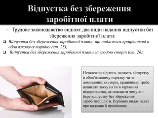  Трудове законодавство виділяє два види надання відпустки без
збереження заробітної плати:
 Відпустка без збереження заробітної плати, що надається працівникові в
обов язковому порядку (ст. 25);
 Відпустка без збереження заробітної плати за згодою сторін (ст. 26).
Незалежно від того, надають відпустку
в обов’язковому порядку чи за
домовленістю сторін, працівнику треба
написати заяву на ім’я керівника
підприємства, де пояснити чому він
бере відпустку без збереження
заробітної плати. Керівник видає наказ
про надання її працівнику.
 
