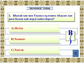 2. Шығай хан мен Тәуекел сұлтанға Абдалах хан
риза болып қай жерді сыйға береді?
“Ж НІБЕК” ТОБЫӘ“Ж НІБЕК” ТОБЫӘ
В
)
 