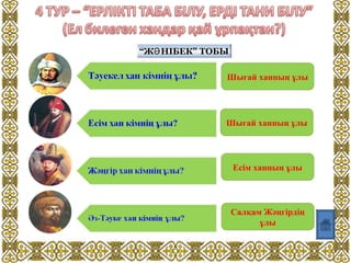 “Ж НІБЕК” ТОБЫӘ“Ж НІБЕК” ТОБЫӘ
Шығай ханның ұлы
Шығай ханның ұлы
Есім ханның ұлы
Салқам Жәңгірдің
ұлы
 