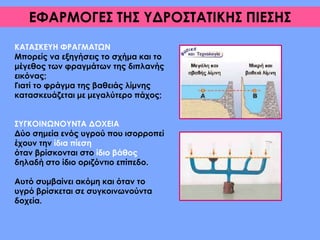 ΕΦΑΡΜΟΓΕΣ ΤΗΣ ΥΔΡΟΣΤΑΤΙΚΗΣ ΠΙΕΣΗΣ
ΚΑΤΑΣΚΕΥΗ ΦΡΑΓΜΑΤΩΝ
Μπορείς να εξηγήσεις το σχήμα και το
μέγεθος των φραγμάτων της διπλανής
εικόνας;
Γιατί το φράγμα της βαθειάς λίμνης
κατασκευάζεται με μεγαλύτερο πάχος;
ΣΥΓΚΟΙΝΩΝΟΥΝΤΑ ΔΟΧΕΙΑ
Δύο σημεία ενός υγρού που ισορροπεί
έχουν την ίδια πίεση
όταν βρίσκονται στο ίδιο βάθος
δηλαδή στο ίδιο οριζόντιο επίπεδο.
Αυτό συμβαίνει ακόμη και όταν το υγρό
βρίσκεται σε συγκοινωνούντα δοχεία.
 