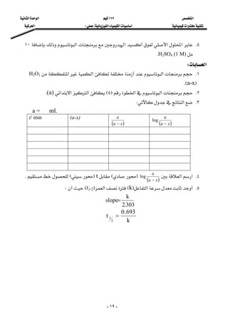 ‫א‬١٦٧‫א‬‫א‬
‫א‬‫א‬‫א‬FE‫א‬
-١٩-
٥K‫א‬‫א‬‫א‬‫א‬١٠
H2SO4 (1 M)K
‫א‬W 
١K‫א‬‫א‬‫א‬H2O2
Fa-xKE 
٢K‫א‬‫א‬F٥E‫א‬‫א‬‫א‬(a)K
٣K‫א‬W
a = ml.
( )xa
a
−
log
( )xa
a
−
(a-x)t/ min
٤K‫א‬‫א‬
( )xa
a
−
logFEtFEK 
٥K‫א‬FkE‫א‬Ft1/2EW
303.2
k
slope= 
k
693.0
t
2
1 = 
 
