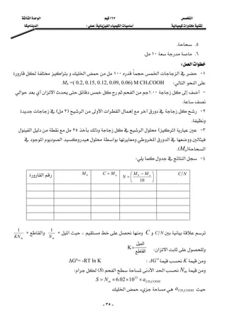 ‫א‬١٦٧‫א‬‫א‬
‫א‬‫א‬‫א‬FE‫א‬
-٣٥-
٥KK
٦K١٠K
‫א‬‫א‬W 
١ J‫א‬‫א‬١٠٠‫א‬‫א‬
‫א‬‫א‬WMb =( 0.2, 0.15, 0.12, 0.09, 0.06) M CH3COOH 
 J١{٠٠‫א‬‫א‬‫א‬‫א‬
K
٢ J‫א‬‫א‬‫א‬‫א‬F٣E
K
٣ JFE‫א‬٢٥‫א‬
‫א‬‫א‬‫א‬‫א‬‫א‬
‫א‬FMaKE
٤ J‫א‬W 
NC
⎟
⎠
⎞
⎜
⎝
⎛ −
=
10
ab MM
NaMC =bM‫א‬
NCC،‫א‬Z
mN
1
‫א‬Z
mKN
1

‫א‬‫א‬W‫اﻟﻘﺎﻃﻊ‬
‫اﻟﻤﻴﻞ‬
K= 
K∆GºW∆Gº= -RT ln K 
Nm‫א‬‫א‬‫א‬FSE‫א‬W 
COOHCHm aNS 3
23
1002.6 ×××= 
COOHCHa 3
‫א‬
 