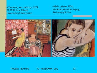 Πομάκη Ευανθία Το περιβολάκι μας 22
«Πιανίστας και παίκτες» ,1924,
73,7Χ92,1cm ,Εθνική
Πινακοθήκη,Ουάσινγκτον
«Μπλε μάτια» 1934,
38Χ46cm,Μουσείο Τέχνης
,Βαλτιμόρη,Η.Π.Α.
 