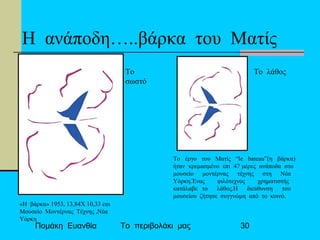 Πομάκη Ευανθία Το περιβολάκι μας 30
«Η βάρκα» 1953, 13,84Χ 10,33 cm
Μουσείο Μοντέρνας Τέχνης ,Νέα
Υόρκη
Η ανάποδη…..βάρκα του Ματίς
Το έργο του Ματίς “le bateau”(η βάρκα)
ήταν κρεμασμένο επι 47 μέρες ανάποδα στο
μουσείο μοντέρνας τέχνης στη Νέα
Υόρκη.Ένας φιλότεχνος χρηματιστής
κατάλαβε το λάθος.Η διεύθυνση του
μουσείου ζήτησε συγγνώμη από το κοινό.
Το λάθοςΤο
σωστό
 