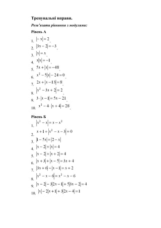Тренувальні вправи.
Розв’язати рівняння з модулями:
Рівень А
1. .
2. .
3. .
4. .
5. .
6. .
7. .
8. .
9. .
10. .
Рівень Б
1.
2.
3.
4.
5.
6.
7.
8.
9.
10.
 