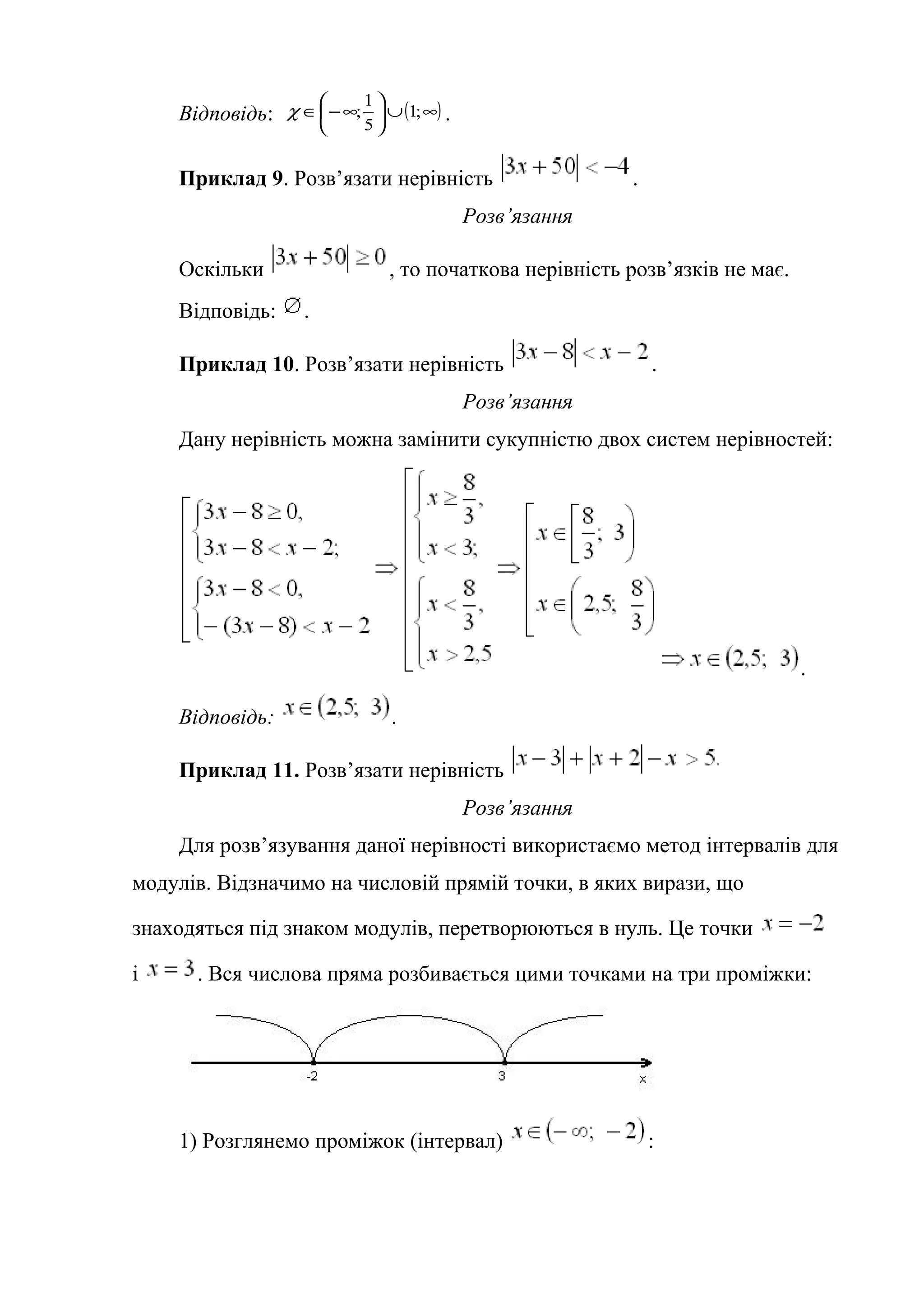 Відповідь: ( )∞∪





∞−∈ ;1
5
1
;χ .
Приклад 9. Розв’язати нерівність .
Розв’язання
Оскільки , то початкова нерівність розв’язків не має.
Відповідь: .
Приклад 10. Розв’язати нерівність .
Розв’язання
Дану нерівність можна замінити сукупністю двох систем нерівностей:
.
Відповідь: .
Приклад 11. Розв’язати нерівність
Розв’язання
Для розв’язування даної нерівності використаємо метод інтервалів для
модулів. Відзначимо на числовій прямій точки, в яких вирази, що
знаходяться під знаком модулів, перетворюються в нуль. Це точки
і . Вся числова пряма розбивається цими точками на три проміжки:
1) Розглянемо проміжок (інтервал) :
 